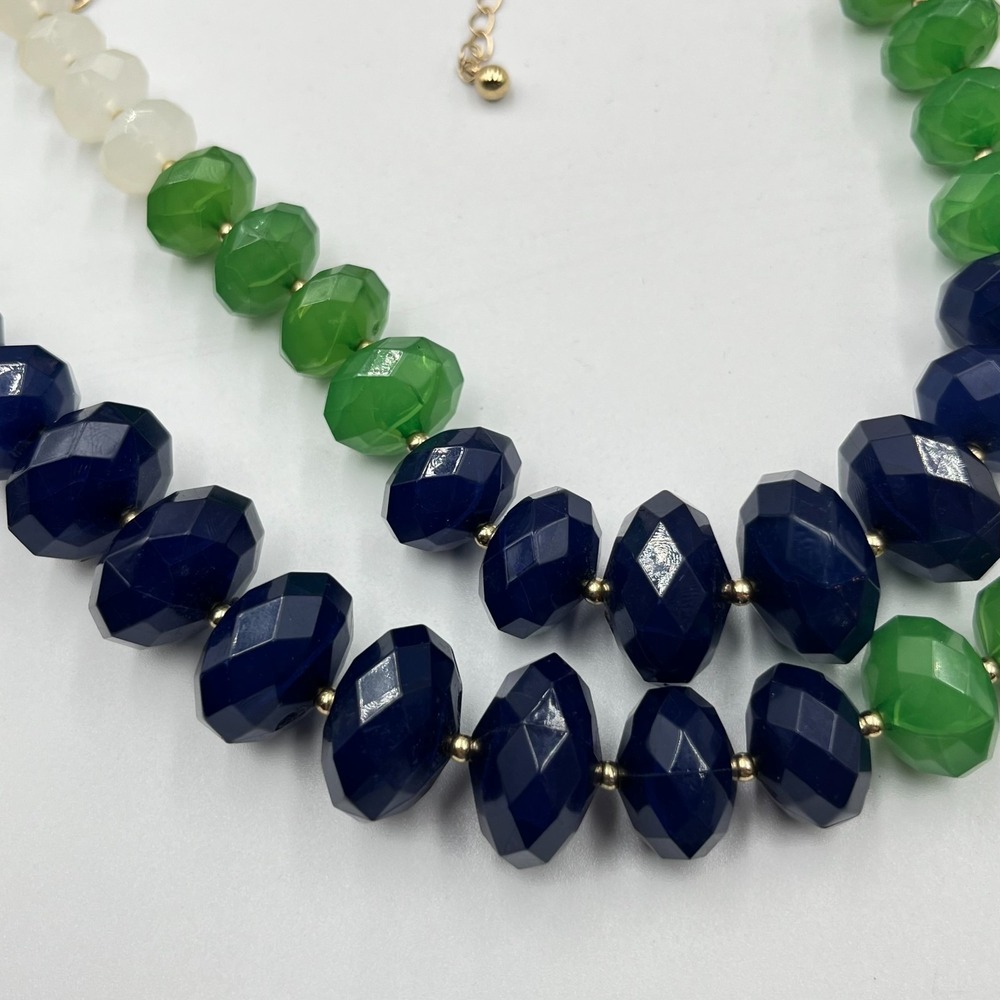 Vintage Retro Multi-Strand Beaded Statement Necklace Green Navy White Gold Tone - Picture 6 of 13